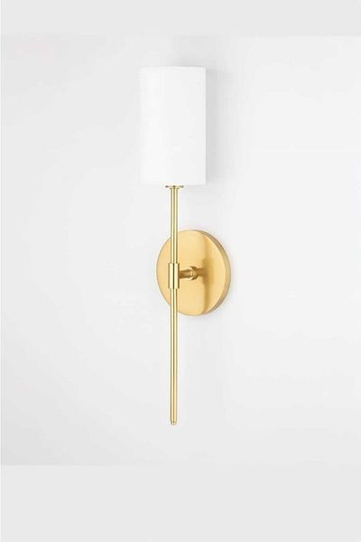 BSA LIGHTING Henna Single Gold Modern Sconce (with white lampshade)