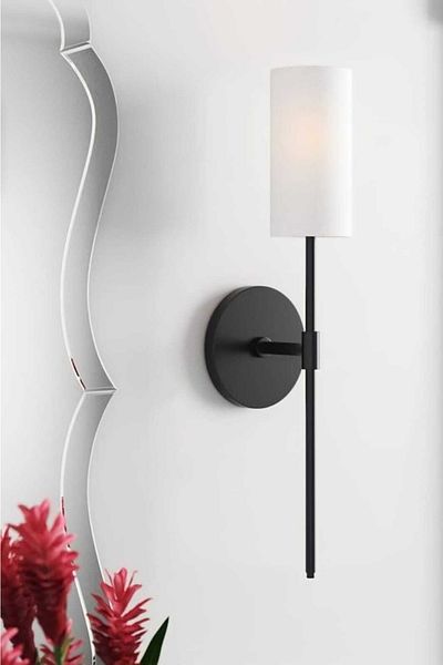 BSA LIGHTING Henna Single Black Modern Sconce (with white lampshade)