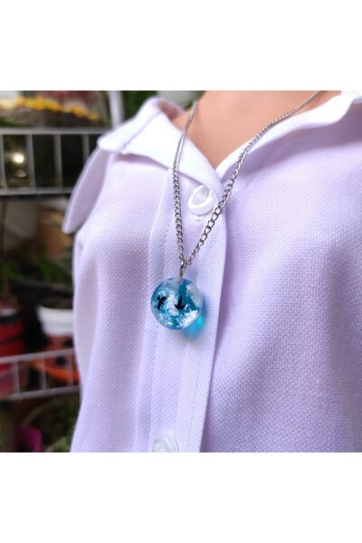 G.şükufezar Bulutlu Çift Kuşlu Turkuaz Mavisi Küre Epoksi Kolye