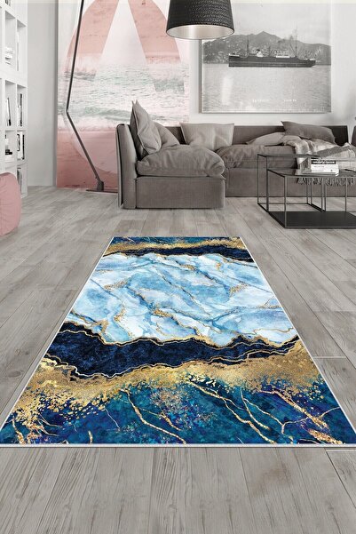 on the clouds Lacivert Beyaz Mermer Gold Işleme Yıkanabilir Kaymaz Taban Leke...