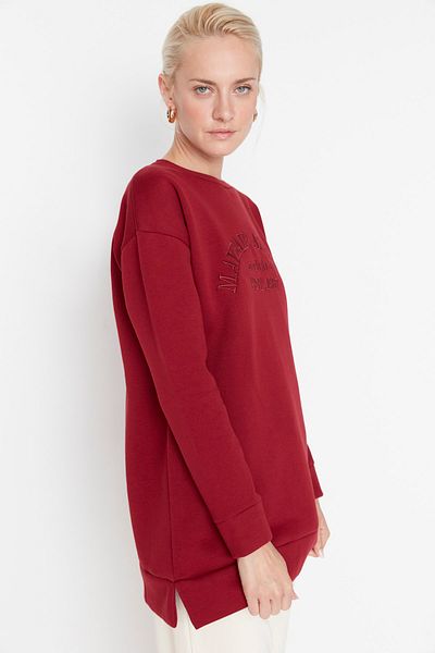 Trendyol Modest Burgundy Embroidered Slogan Feather Knitted Sweatshirt - TCTAW23TW00025