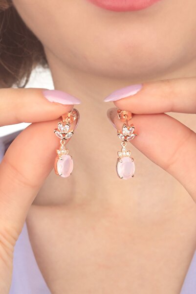 LINTERNA 925 Ayar Gümüş Gül Kuvars Lotus Küpe