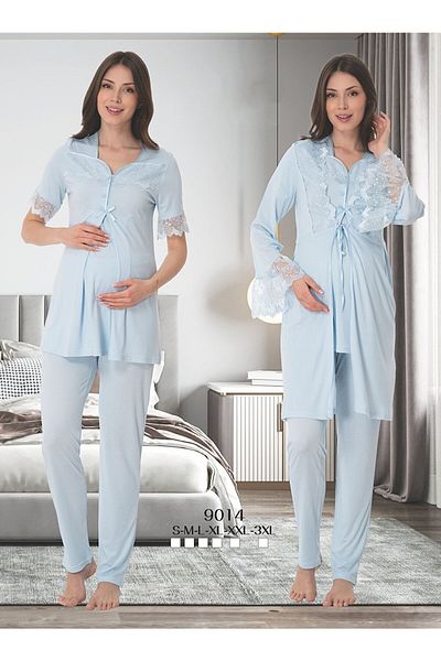 Lohussa Set de pijamale pentru femeie din dantelă albastra, cu mânecă scurtă, din bumbac