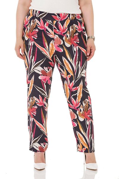 DISENTIS MODEST Large Size Navy Blue Leaf Printed Elastic Pocket Pants