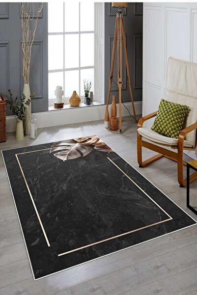 on the clouds Gri Zemin Gold Çerçeve Yapraklı Yıkanabilir Kaymaz Taban Leke T...