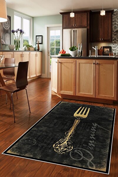 on the clouds Koyu Gri Zemin Gold Çatal Desenli Yıkanabilir Kaymaz Taban Leke...