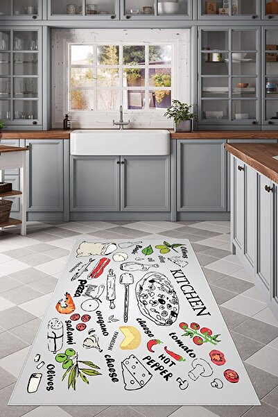 on the clouds Gri Mutfak Ikonları Desenli Yıkanabilir Kaymaz Taban Leke Tutma...