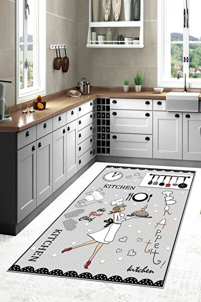 on the clouds Gri Zemin Bon Appetit Aşçı Desenli Yıkanabilir Kaymaz Taban Lek...