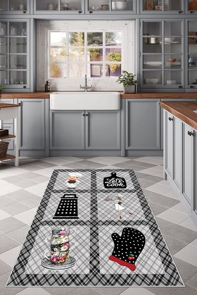 on the clouds Gri Aşçı Desenli Yıkanabilir Kaymaz Taban Leke Tutmaz Modern Mu...