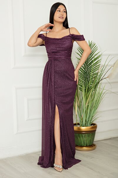 PULLIMM Düşük Kol Uzun Simli Tül Abiye Elbise 39433