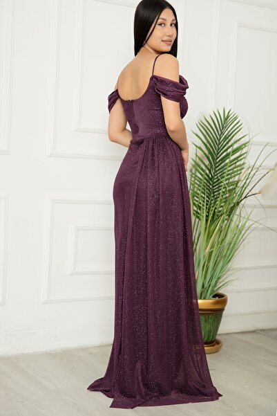 PULLIMM Düşük Kol Uzun Simli Tül Abiye Elbise 39433