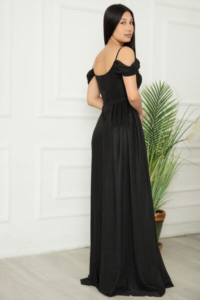 PULLIMM Düşük Kol Uzun Simli Tül Abiye Elbise 39433