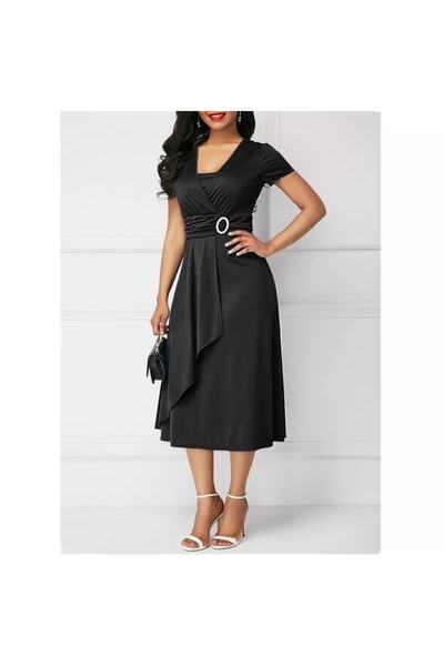 Viyamo Kruvaze Yaka Kuşak Ve Toka Detay Krep Midi Boy Elbise