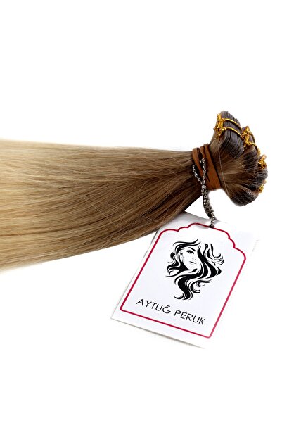 AYTUĞ PERUK %100 Doğal Saç / Micro Bant Kaynak / Küllü Kumral, Platin Ombreli / 20 Adet / 70 Cm / A+ Plus