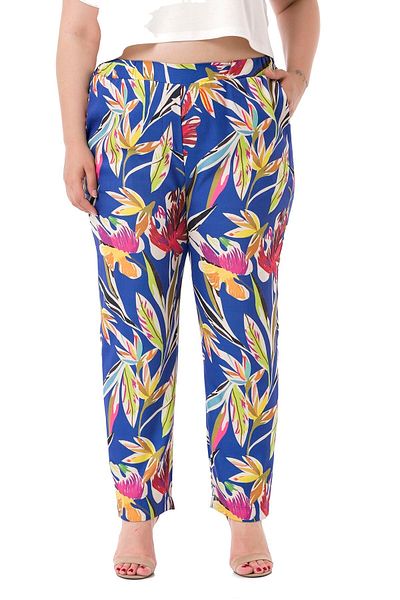 DISENTIS MODEST Plus Size Leaf Printed Saks Blue Trousers with Elastic Waist, Side and Back Pockets