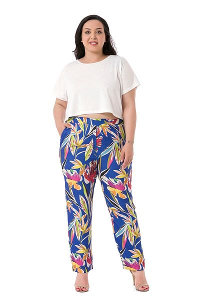 DISENTIS MODEST Plus Size Leaf Printed Saks Blue Trousers with Elastic Waist, Side and Back Pockets