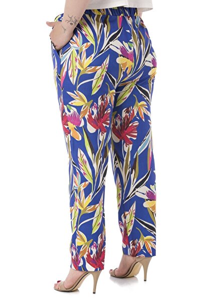 DISENTIS MODEST Plus Size Leaf Printed Saks Blue Trousers with Elastic Waist, Side and Back Pockets