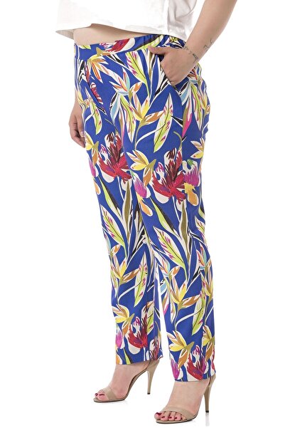 DISENTIS MODEST Plus Size Leaf Printed Saks Blue Trousers with Elastic Waist, Side and Back Pockets