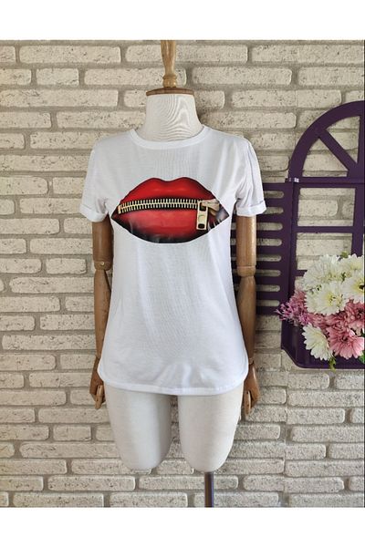 rengamoda Tricou de damă, alb, din bumbac imprimat cu un singur jerseu, 65 cm