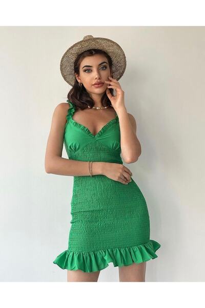 Niceboutique Yeşil Askılı Etek Kısmı Gipeli Kısa Elbise