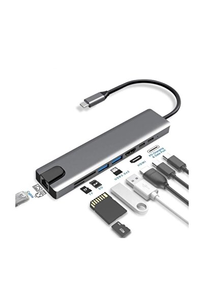 Grc Accessory 8 In 1 Rj45 Ethernet Sd Tf Usb Type C Hub Hdmı Girişli Macbook Pro Ipad Macbook Çevirici Çoğaltıcı