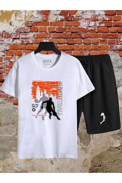 Joza Outdoors Unisex Πορτοκαλί Μπάσκετ με στάμπα Λευκό - Μαύρο Σετ σορτς T-Shirt 2 τεμαχίων