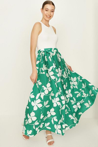 Select Moda Fusta lungă cu volan cu curea cu model verde pentru femei