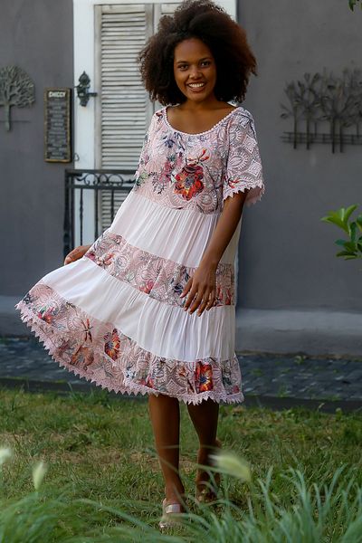 Chiccy Női púder, kerek nyakú, rövid ujjú midi viszkóz ruched oversize alkalmi szőtt smock ruha