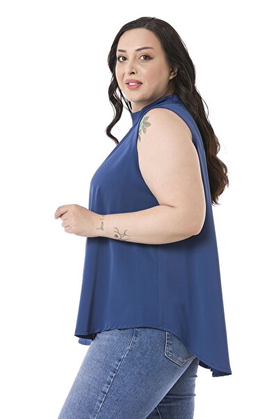 DISENTIS MODEST Plus Size Collar Back Buttoned Stand Collar Flowing Sleeveless Indigo Blouse