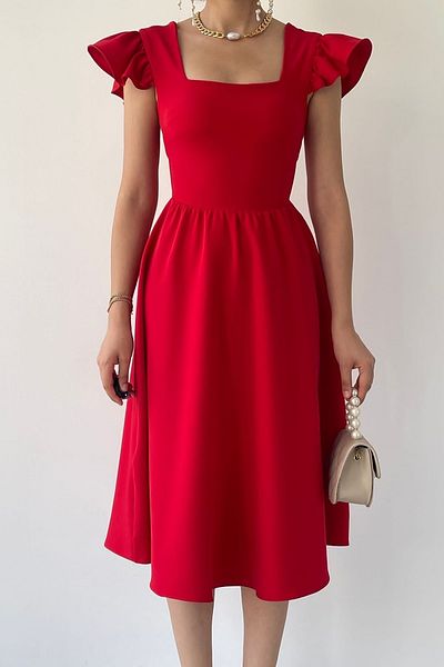 lovebox Atlas Fabric Sleeve részletes négyzet alakú nyakú Midi hosszúságú piros estélyi ruha piros eljegyzési ruha 125