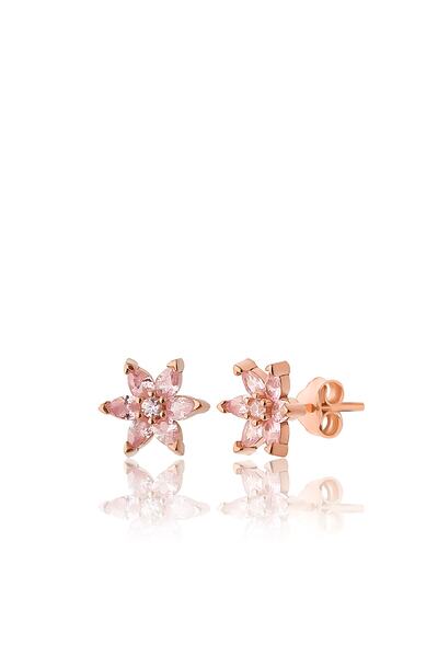 Zanaatsilver 925 Ayar Gümüş Rose Kaplama Pembe Taşlı Nilüfer Çiçeği Küpe