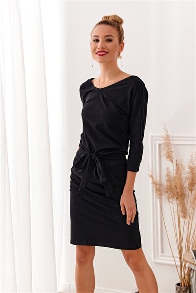 fasardi Belden Bağlamalı V Yaka Midi Elbise