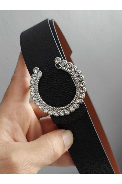 Kemerix Women's Black Belt with Silver Buckle and Stone