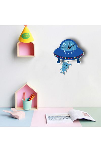 CajuArt Alien Patterned Children's Room Wall Clock with Swinging Pendulum
