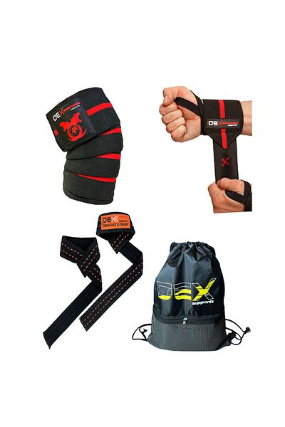 Dex Supports Lasting Energy Knee Wraps (Knee Bandage) + Elite Wrist Wraps Sports Bracelet + 8 Loop Lifting Straps + Sackpack 4 Pieces