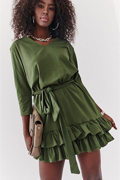 fasardi Fırfır Etek Ve Kemer Detaylı Kesimli Elbise