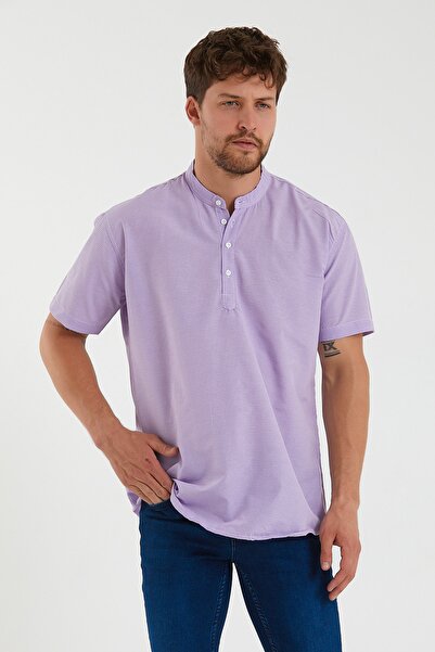 BUCADO Erkek Mor Nokta Desenli Hakim Yaka Yarım Patlı Kısa Kollu Gömlek