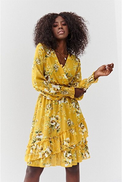 fasardi Beli Büzgü Detaylı Desenli Mini Elbise