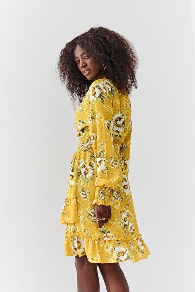 fasardi Beli Büzgü Detaylı Desenli Mini Elbise