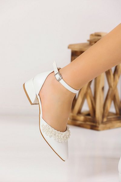 FORS SHOES Women's White Skin Pearl Bead Detailed Evening Dress Shoes 3.5 Cm