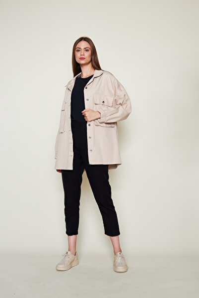 Minharir Oversıze Torba Cep Ince Ceket Bej