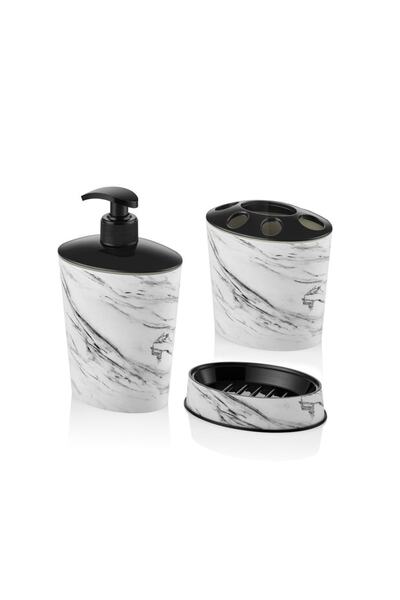 abnturk Beyaz Mermer Desen 3 Parça Banyo Lavabo Seti Diş Fırçalık Sıvı+katı S...