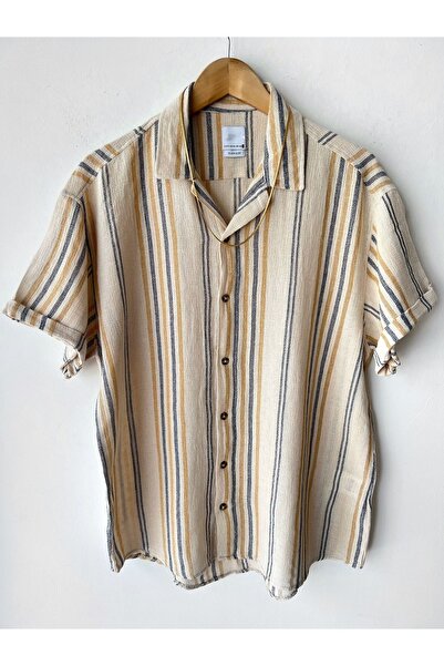 Hazhers قميص رجالي عادي بياقة قميص كتان بأكمام قصيرة