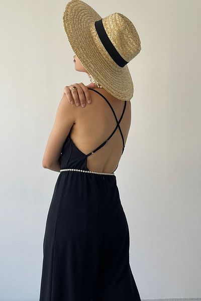 bayansepeti Aerobin Fabric Backless Long Black Jumpsuit 124
