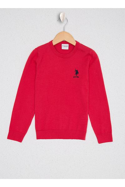 U.S. Polo Assn. Pulover pentru fete, cu decolteu rotund, cu croiala normală, uni fucsia
