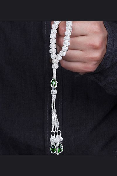 TESBİHCİBABA Unisex Green Stone Special Design Hand Knitted Kazaz Rosary TB3148