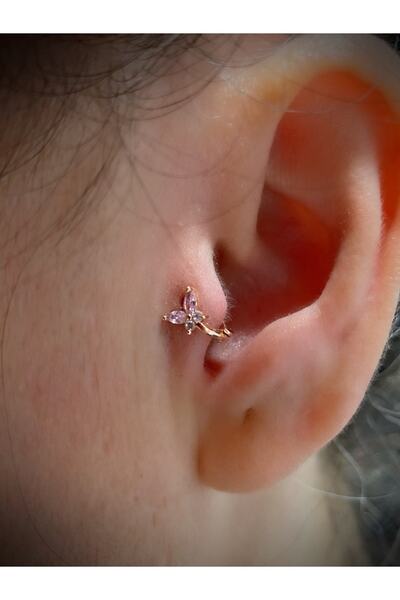 Arescollection Çelik Rose Gold Renk Mini Halka Kelebek Tragus Piercing