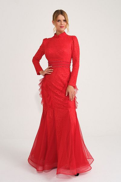 SpringStore Rochie de seara Hijab cu guler rosu