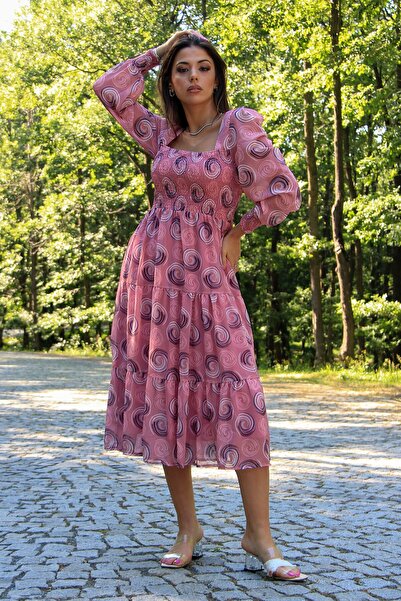 Neşeli Butik Kadın Pudra Gipeli Kare Yaka Desenli Şifon Elbise Nb100361