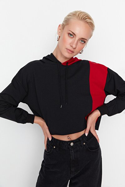 Trendyol Collection Black Color Blocked Crop Thin Knitted Sweatshirt TWOAW23S...